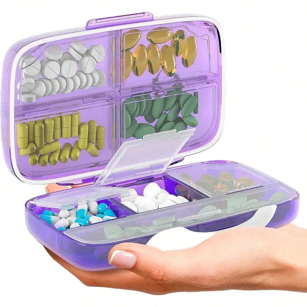 Travel Organizer - Airtight Medicine Traveling Portable Pharmacy Box With Labels Vitamin Container 8 Compartment Supplement Medication Holder Large Capacity Daily