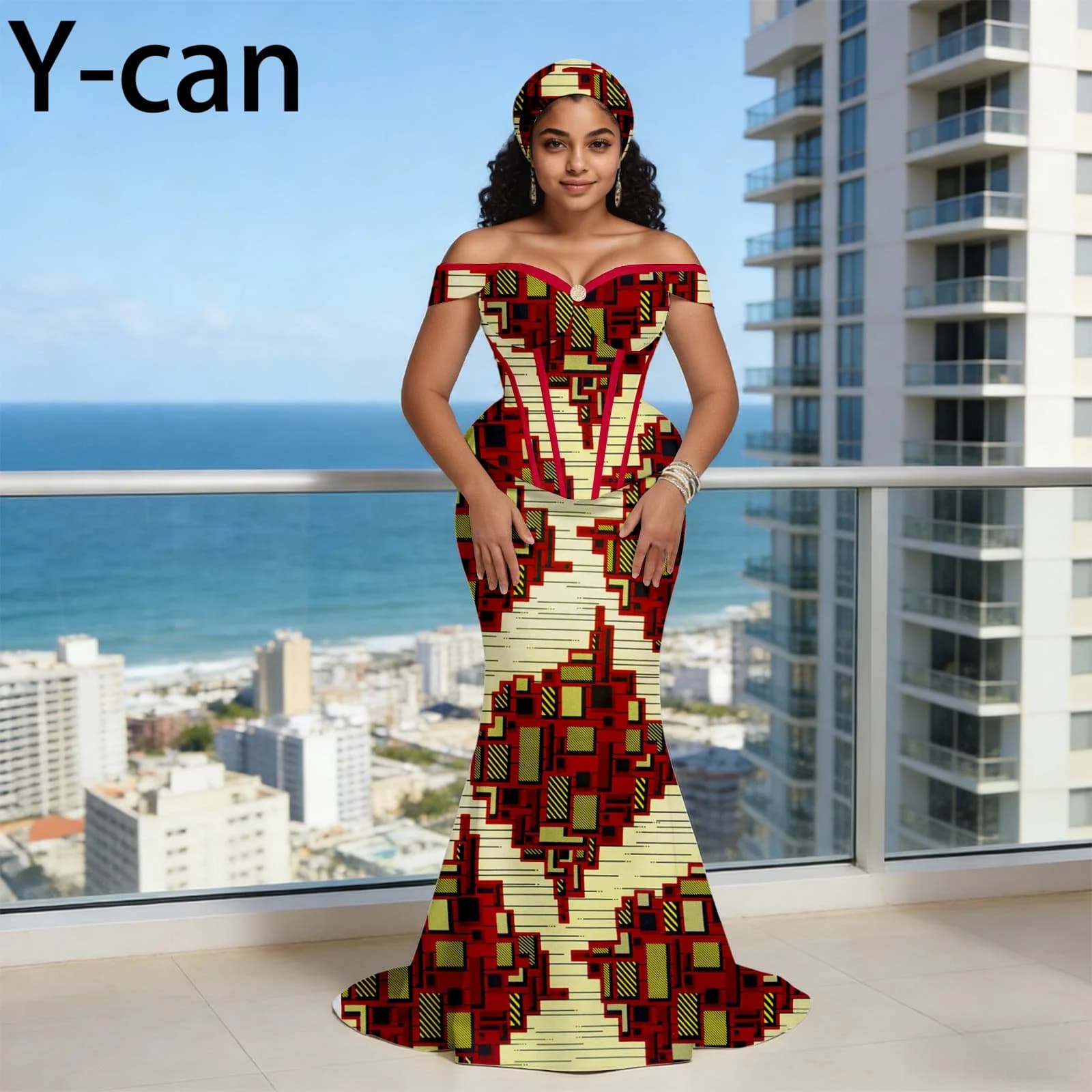 Abito da festa africano di lusso con stampa Ankara, top a spalle scoperte, gonna lunga e foulard per matrimoni e festival, completo da donna 2626014