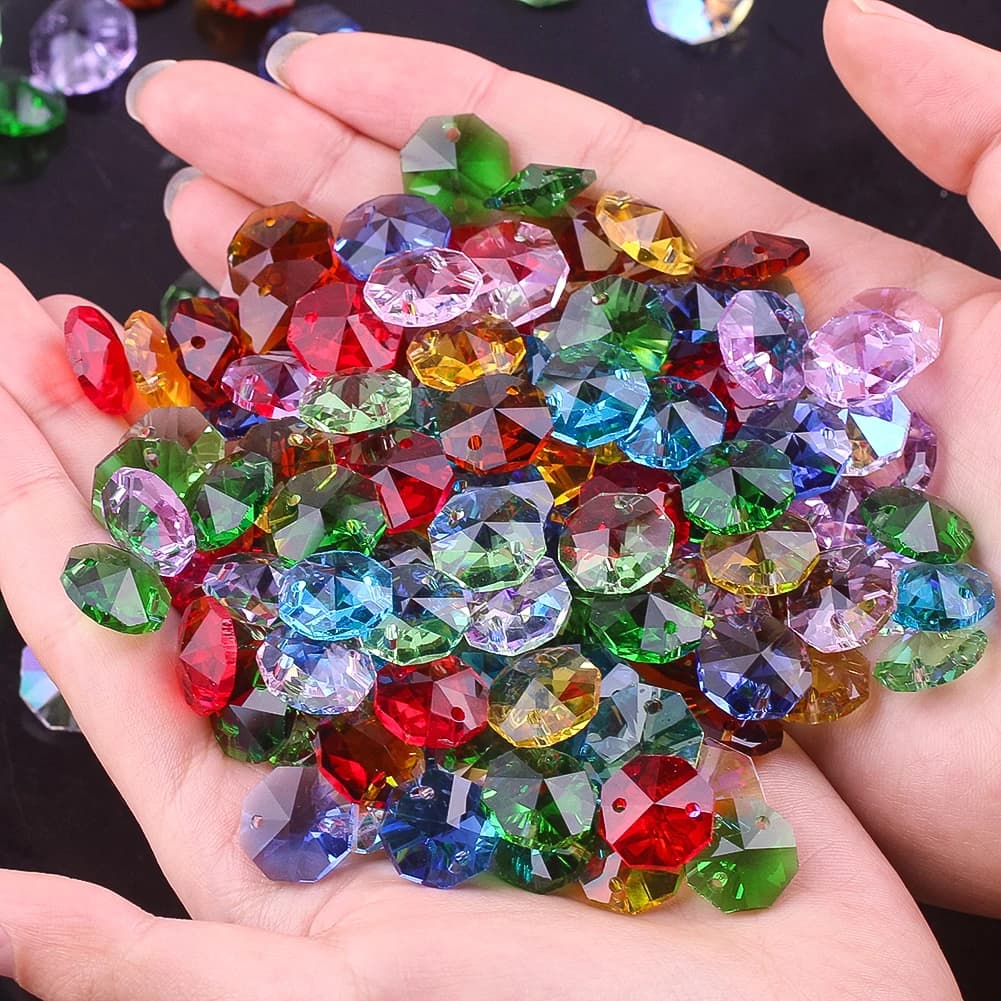 20PCS Crystal Octagon Beads Suncatcher DIY Wind Chimes Chandelier Parts Replacement Hanging Pendant Jewelry Making 14mm 2 Holes