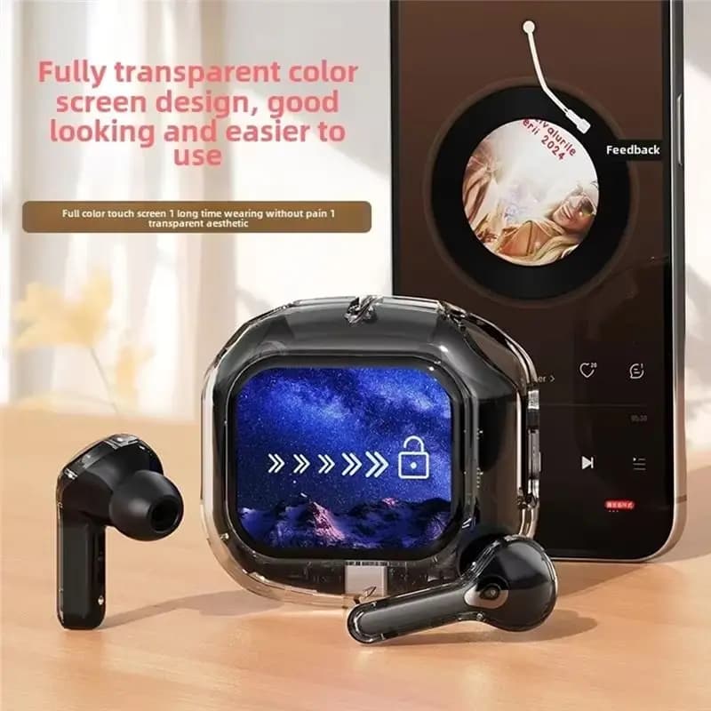 Y47A Wireless Bluetooth Earphones with Color LCD Screen, Intelligent Touch Stereo Earbuds HIFI Noise Reduction, Pink