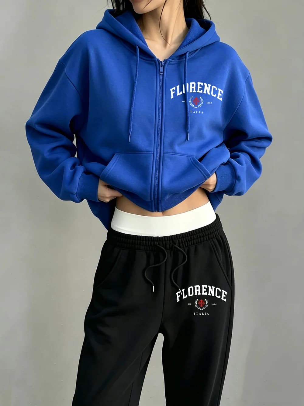 2Pcs Zipper Hoodie Set Womens Florence Printing Sweatpantscasual Oversized Fleece Warm Hoody Sporty Pants Winter Pocket Clothes