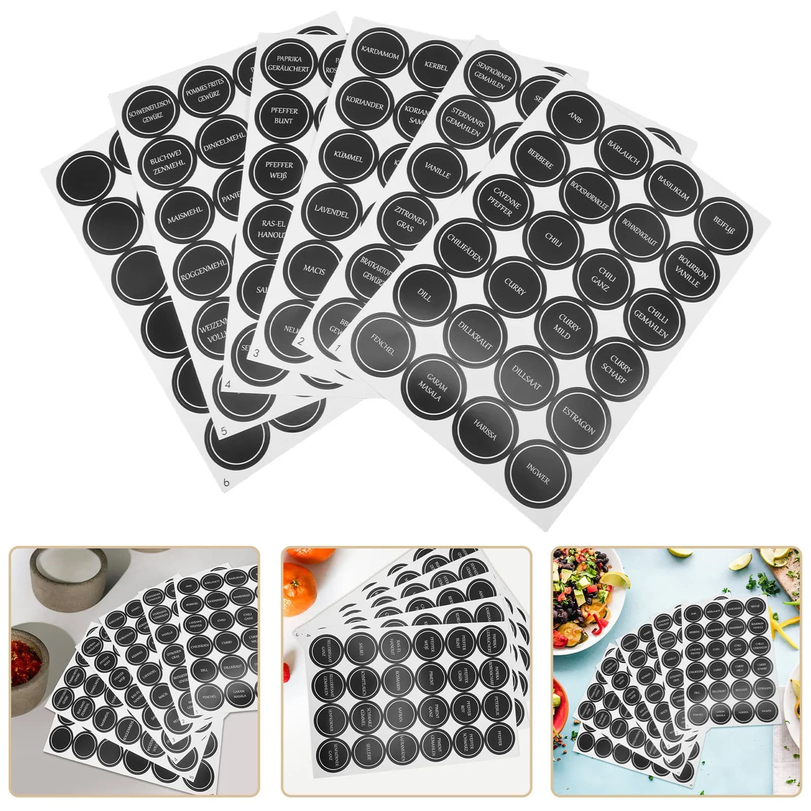 6 fogli di etichette rotonde per barattoli di spezie - Adesivi con testo in tedesco da 3,5 cm per contenitori da cucina, conservazione degli alimenti e organizzazione dei barattoli per conserve