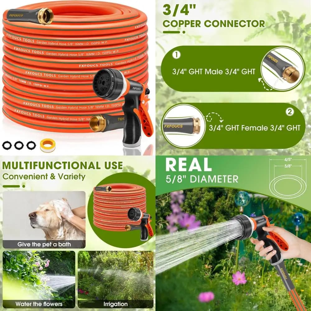 5/8 inch flexible and light garden pipe with 600 PSI burst pressure, swivel handle and heavy-duty copper structure
