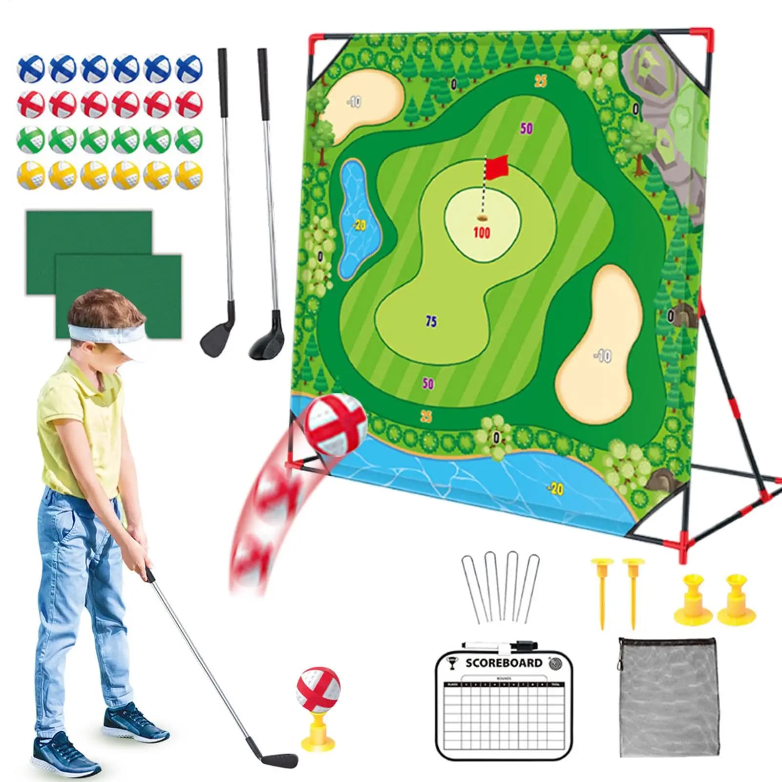 Set di tappetini da gioco per scheggiatura da golf per bambini Set di tappetini da gioco da golf/set di mazze Set di giochi da golf con chip per bastoncini da esterno Tappetino per freccette per mazze da golf Palla appiccicosa