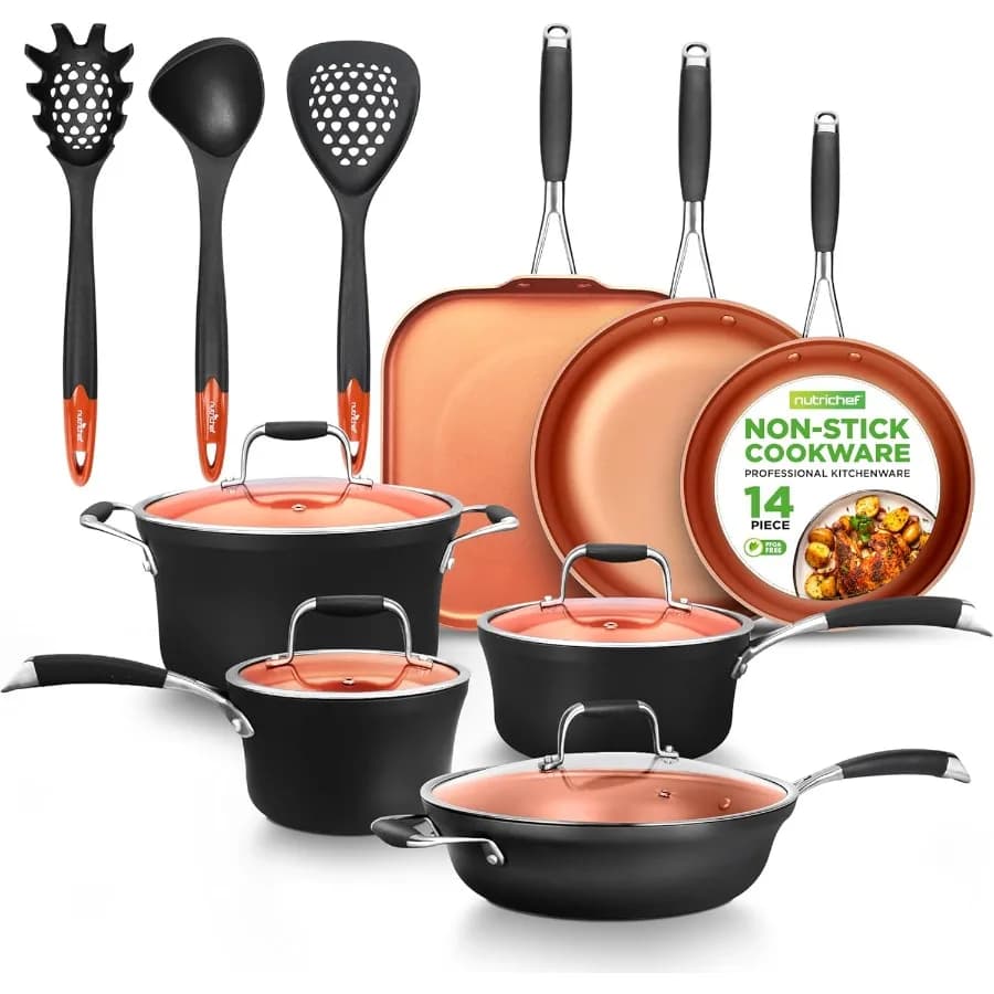 Set of pots and pans from 14 pieces Multi-size pots with lids Small and medium bowls with fluted spatula Pasta Se