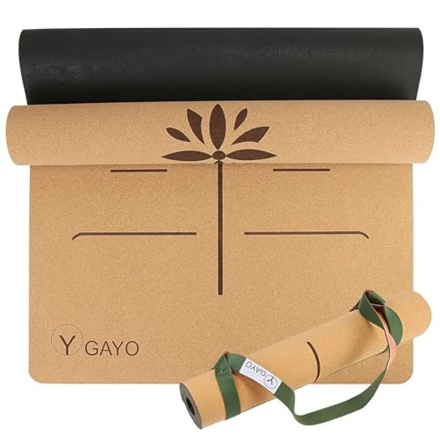 Yoga Mat with Natural Rubber Base, 5mm Thickness for Extra Support and Alignment Lines, Sustainable Cork Surface