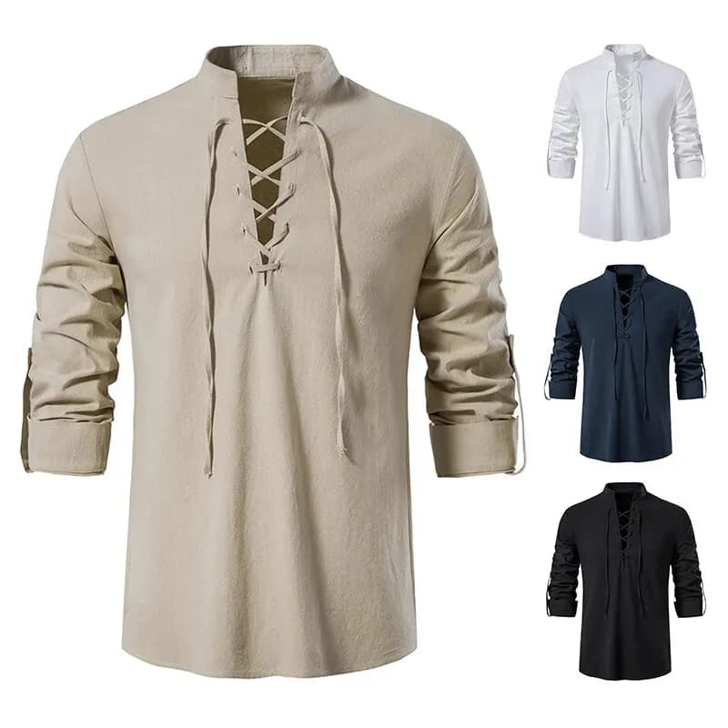 King Billion Camicie da uomo Casual T-shirt da uomo in cotone e lino a maniche lunghe Primavera Autunno Camicia vintage Taglia USA Collo con coulisse