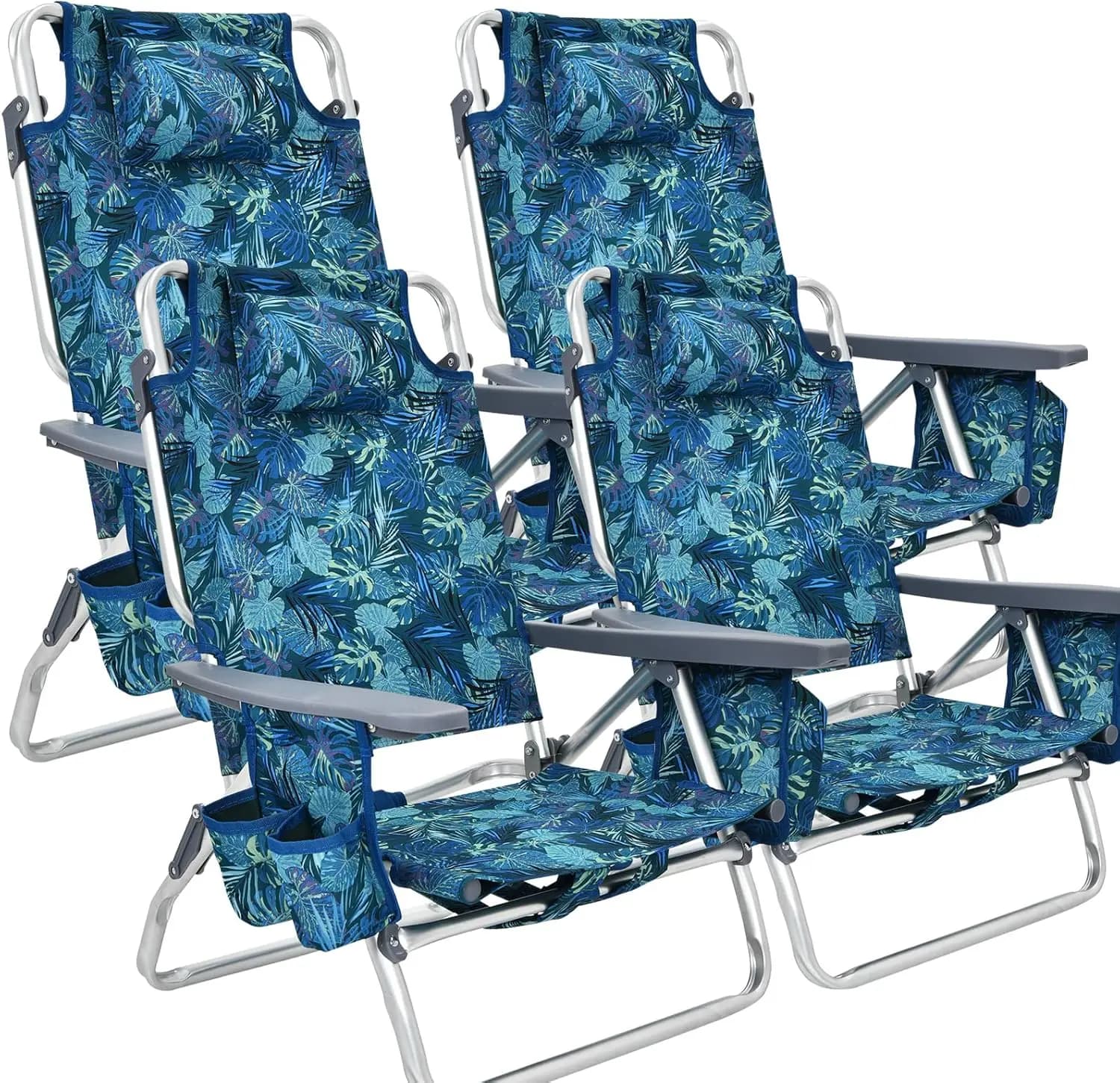 Beach Chairs, 4-Pack Backpack Camping Chair w/Armrest, Cooler Bag, Cup Holder, Towel Bar & Pockets, Sunbath Sling Tanning Lounge