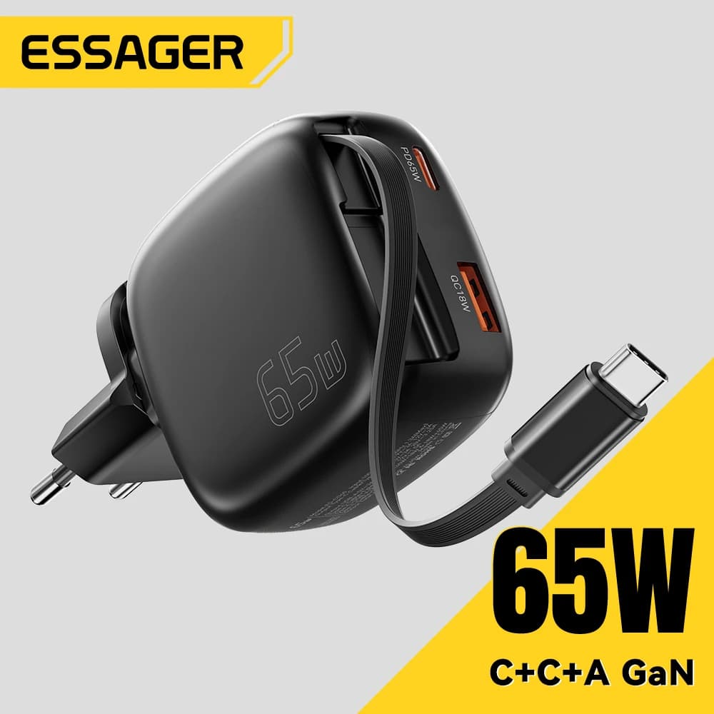 Caricatore GaN Essager 65W con Cavo Retrattile, Ricarica Rapida PD per Laptop, Macbook, iPhone 17 16 15, Xiaomi, Caricatore per Telefono Tipo-C