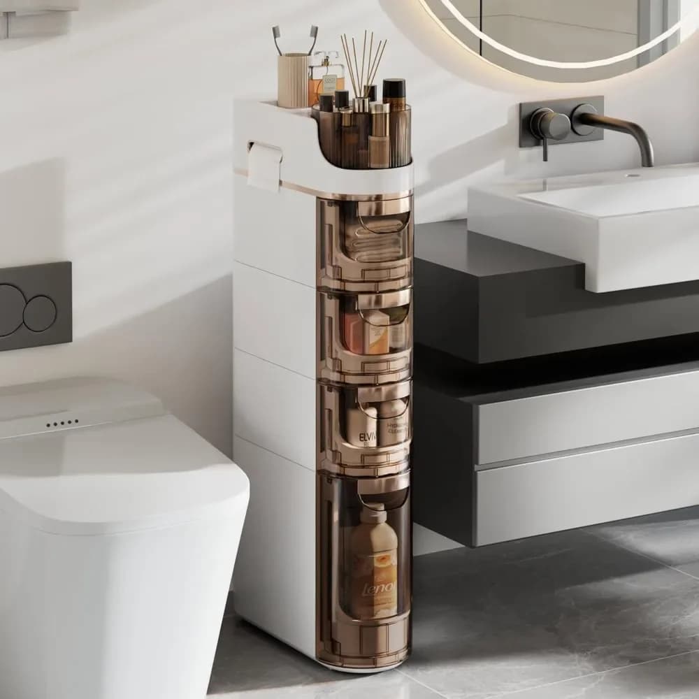 Mobiletto Salvaspazio a 4 Ripiani per Bagno con Ruote, Armadietto Stretto da Terra con Cassetti e Porta Carta Igienica - Spedizione dagli USA