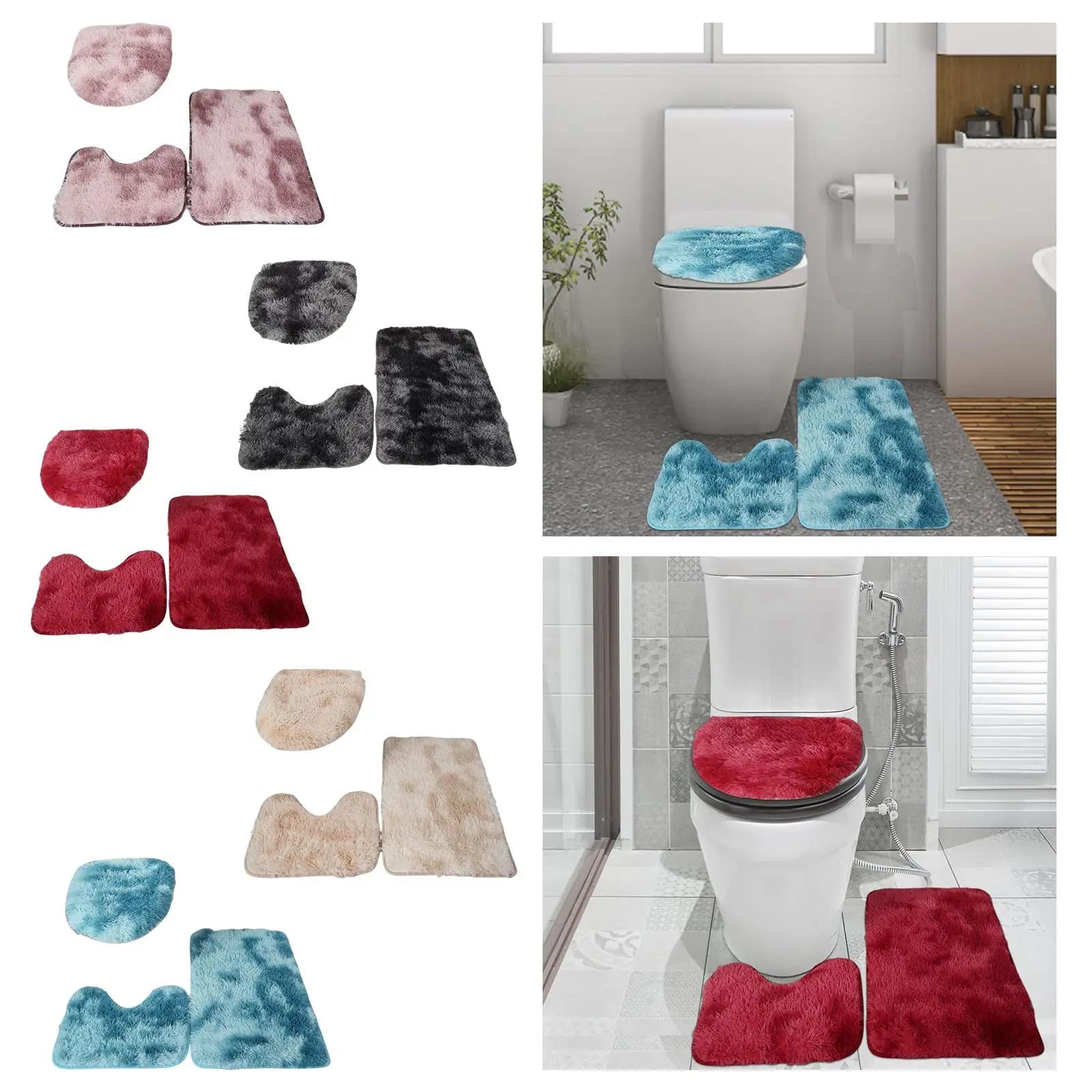 Set di 3 Tappetini da Bagno Pelosi per Bagno, Copriwater, Tappeto Tie-Dye in Peluche, Set da Tre Pezzi per Vasche da Bagno e Doccia