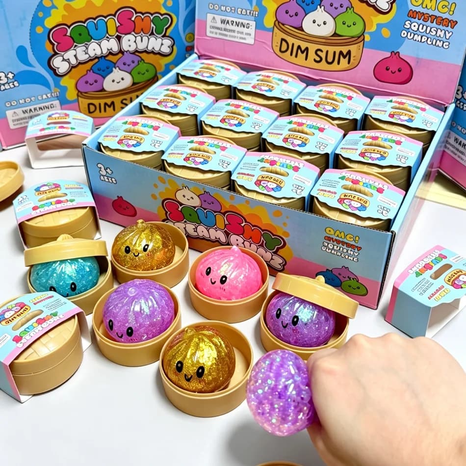 Glitter Dumpling Squishy with Box Dumpling Sensory Steamer Soft TPR Dough Ball for Decompression Fidget Toy Stress Relief Gift