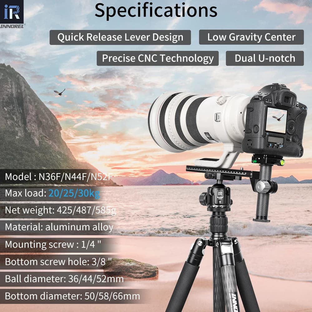 INNOREL N36F/N44F/N52F Black Low Profile Panoramic CNC Metal Ballhead, Fast Lever Release with 2 Plates for Tripod Monopod DSLRS