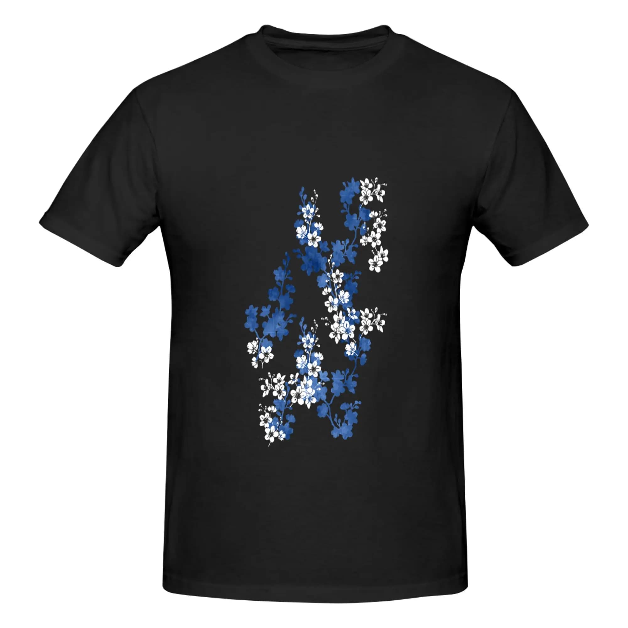 Divertente maglietta stampata da uomo con fiori di ciliegio in blu intenso, maglietta unisex