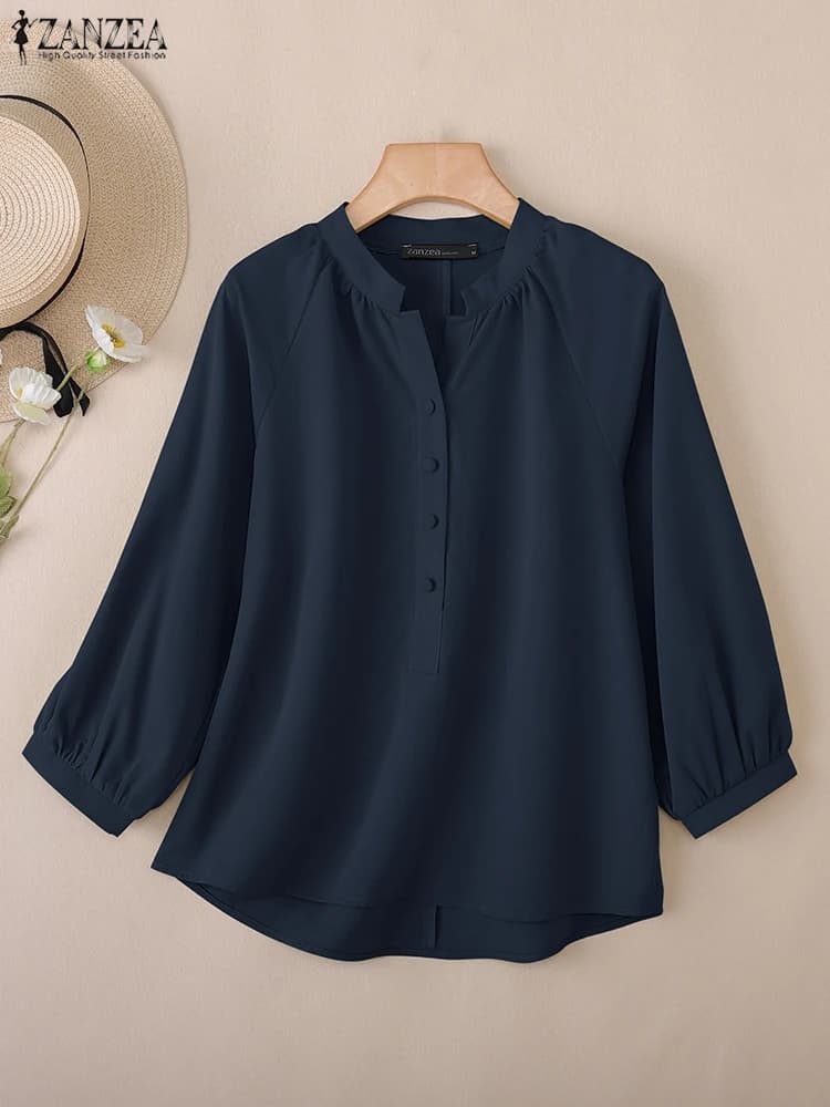 2025 ZANZEA Moda Donna Camicie tinta unita Manica 3/4 Camicetta casual Autunno Elegante Office Lady Top Bottoni larghi Con scollo a V Blusa