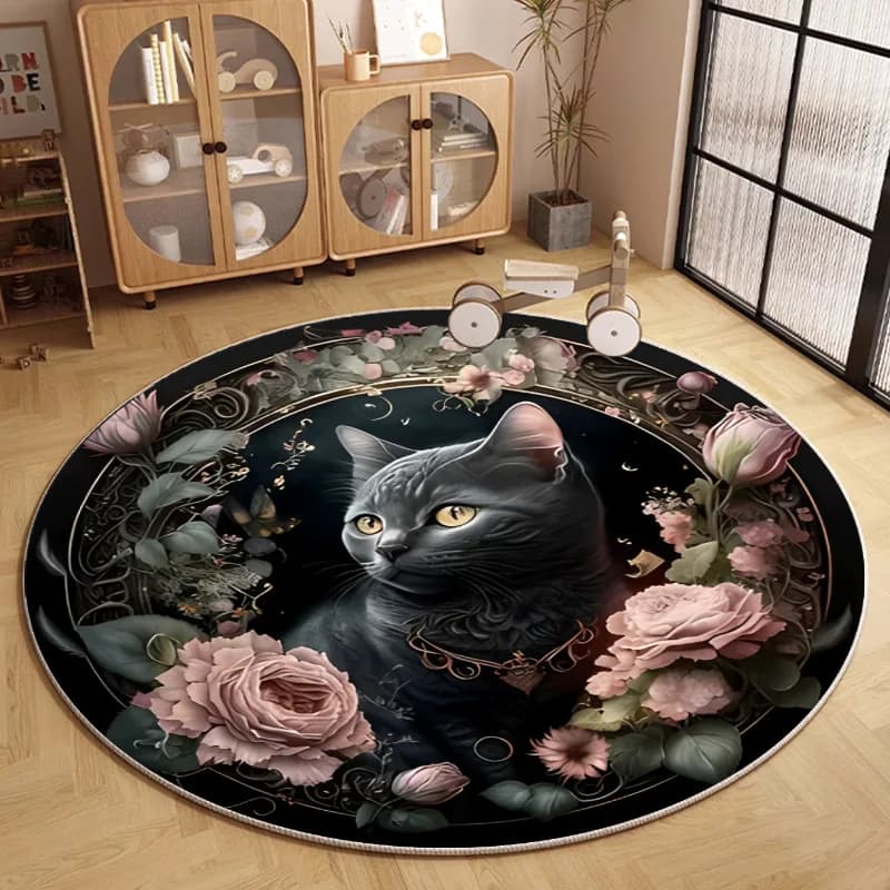 Mystical Black Cat Pink Roses Round Rug Soft Non-Slip Floor Mat Gothic Floral Wiccan Pattern Carpet for Bedroom Living Room