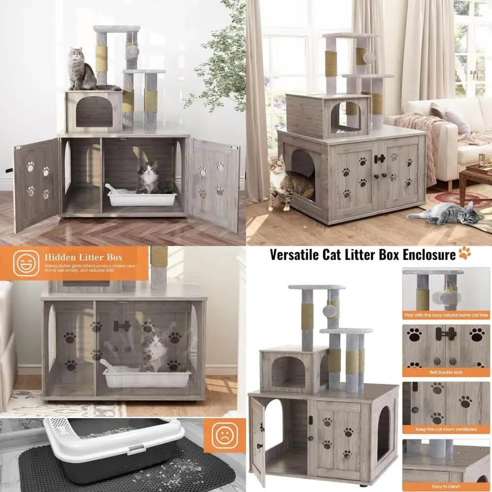 "Casa per gatti da interno all-in-one con contenitore per lettiera e albero per gatti"