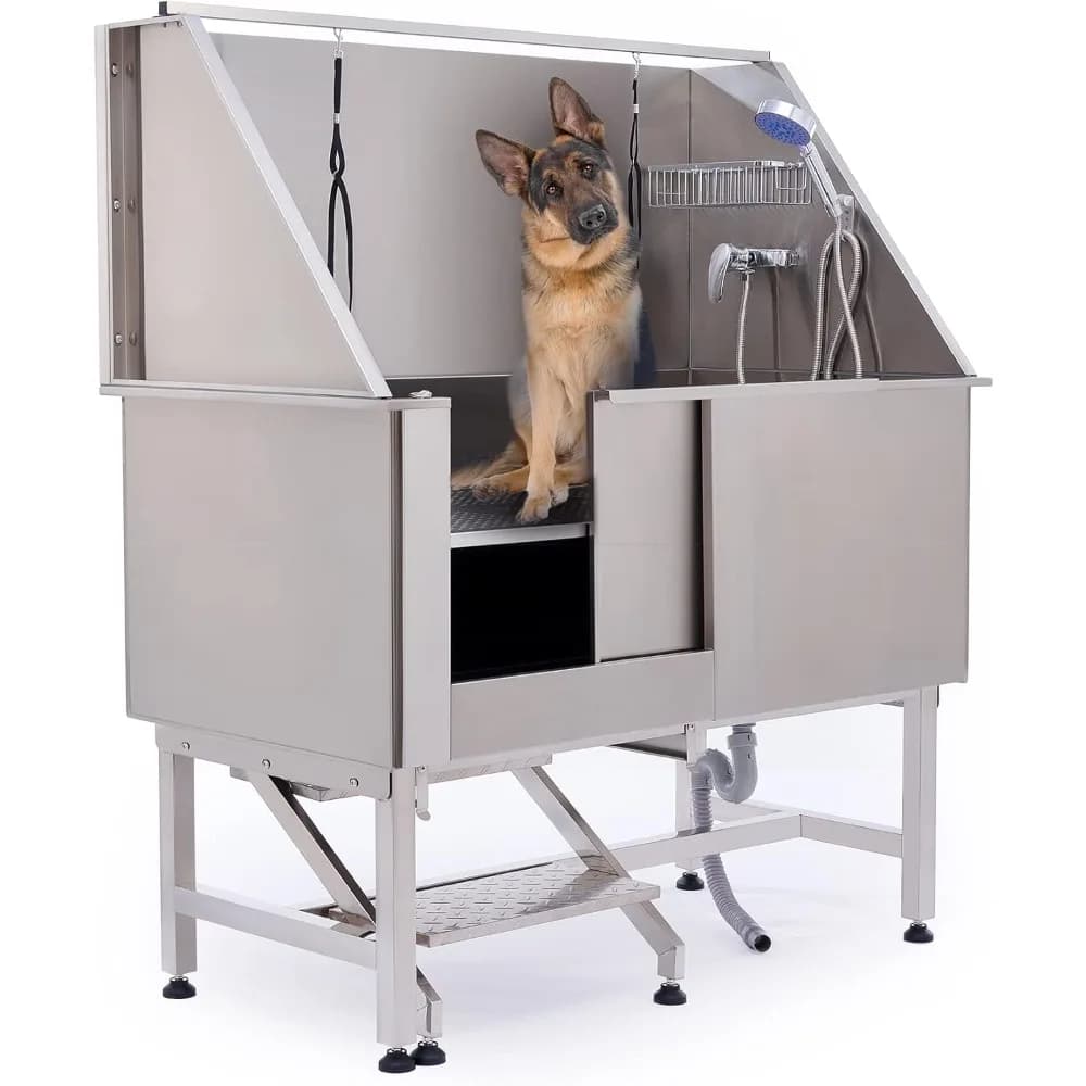 Vasca Professionale per Toelettatura Cani, Grande Stazione di Lavaggio per Animali Domestici con Serbatoio in Acciaio Inox 304, Griglia a Pavimento Rimovibile, Gradini e Rubinetto