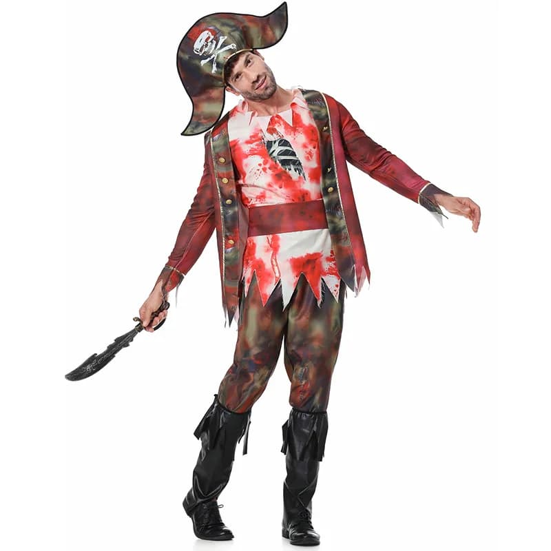 Adult Pirate Cosplay Hat Top Cloak Belt Pants Footwears 6Pcs Set Halloween Zombie Skeleton Captain Outfit Bloodstain Print