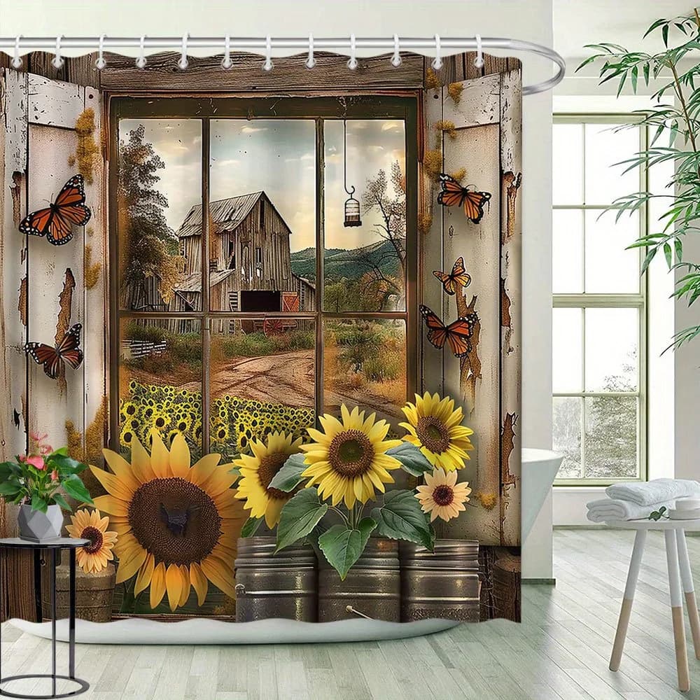 Tenda da doccia con paesaggio di campagna - Stile fattoria di girasole e farfalle, motivo finestra, arredamento bagno in poliestere, 12 ganci