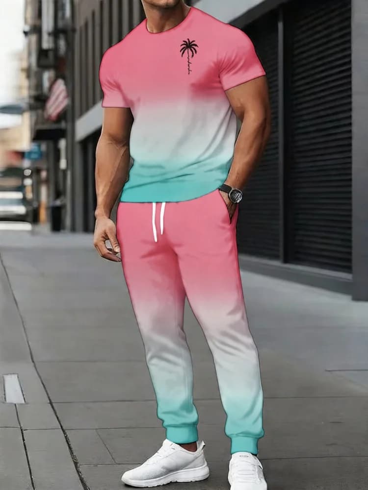 Completi da Uomo Americani a 2 Pezzi: T-shirt con Stampa Sfumata e Pantaloni Lunghi a Vita Elastica - Tute Estive 2026