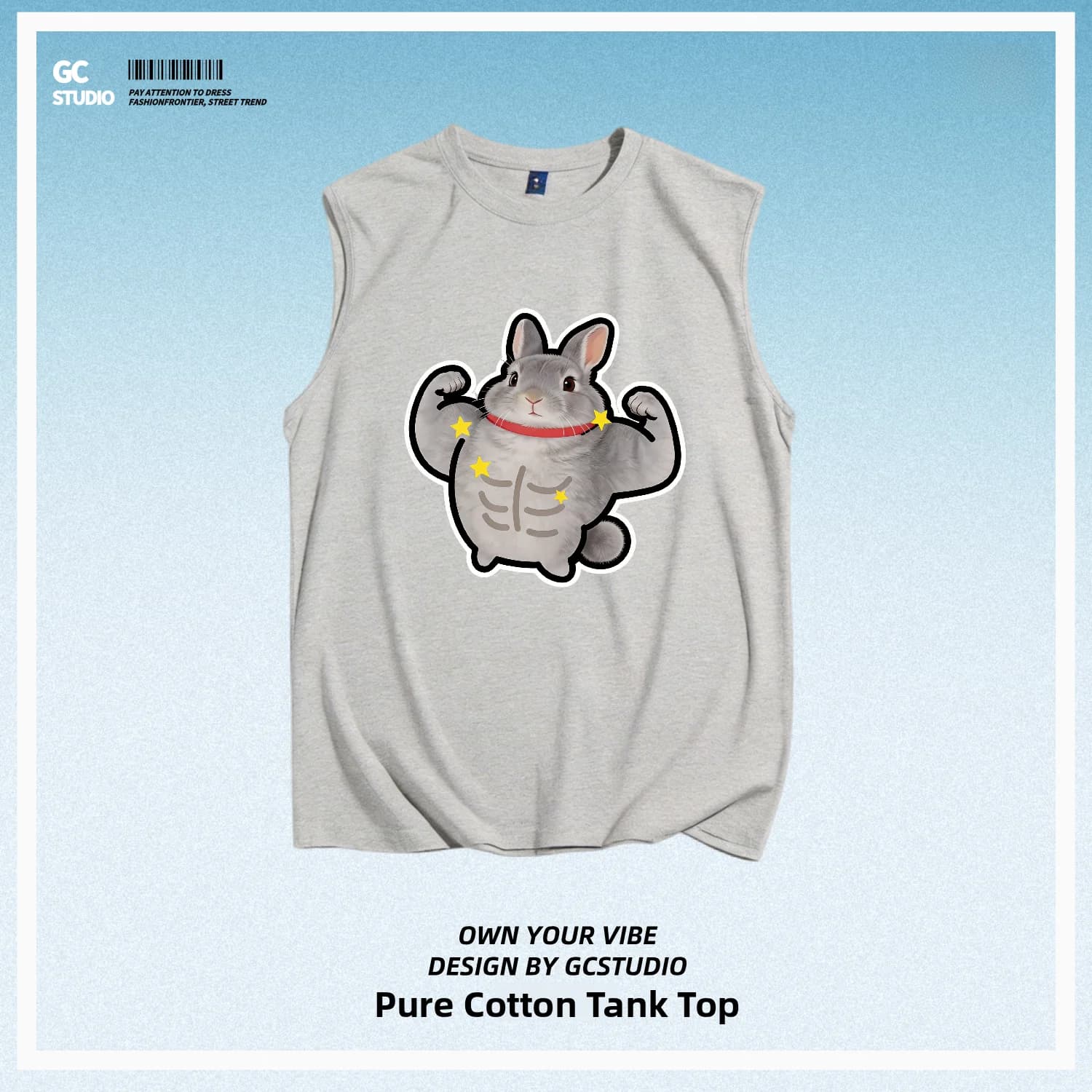 Grey Muscle Fitness Rabbit Print Loose Cotton Vest Breathable Men's Sportswear Creative Design Comfortable Cotton T-Shirt