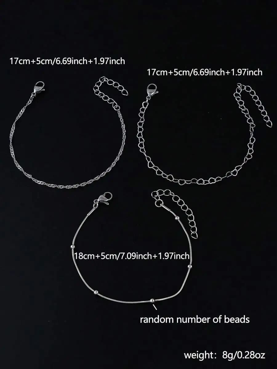 Set di 3 Braccialetti con Catena di Perline a Cuore in Acciaio Inossidabile, Accessori Moda Unisex