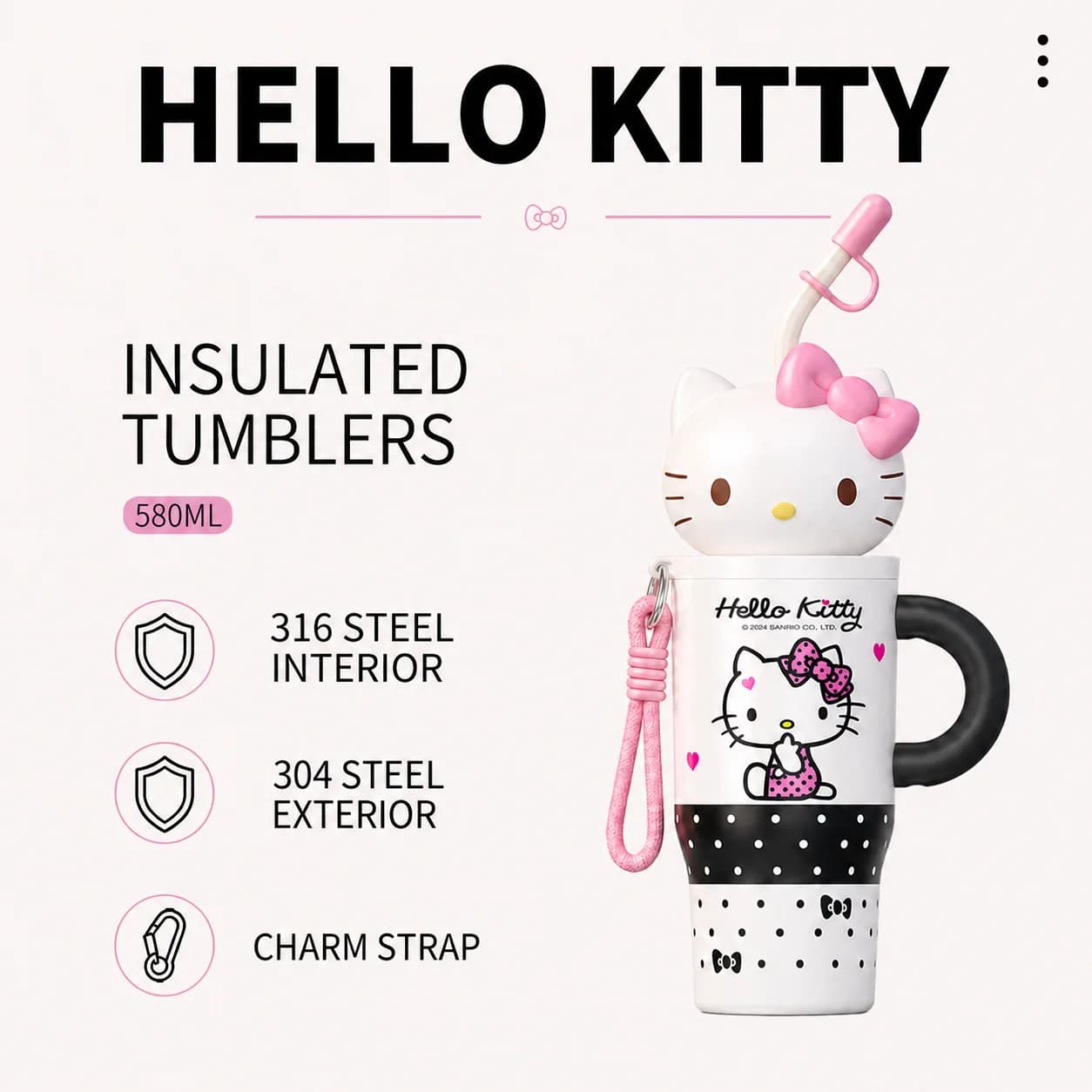 sanrio Hello Kitty Insulated Tumbler 316 Stainless Steel Water Bottle With Charm Strap Portable Vacuum Cup For Travel Office