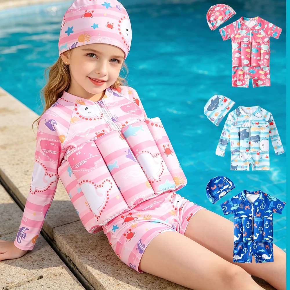 Costume da bagno galleggiante per bambine 1-6 anni, manica lunga/corta, protezione UV, intero con cappuccio