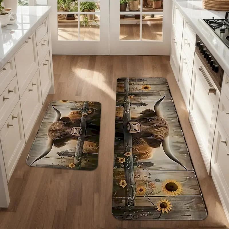 VIKAMA Highland Cow Kitchen Rug Set,Non Slip Oil Absorb Washable Anti Fatigue Mat,Farm Sunflower Wood Entry Decor Rug