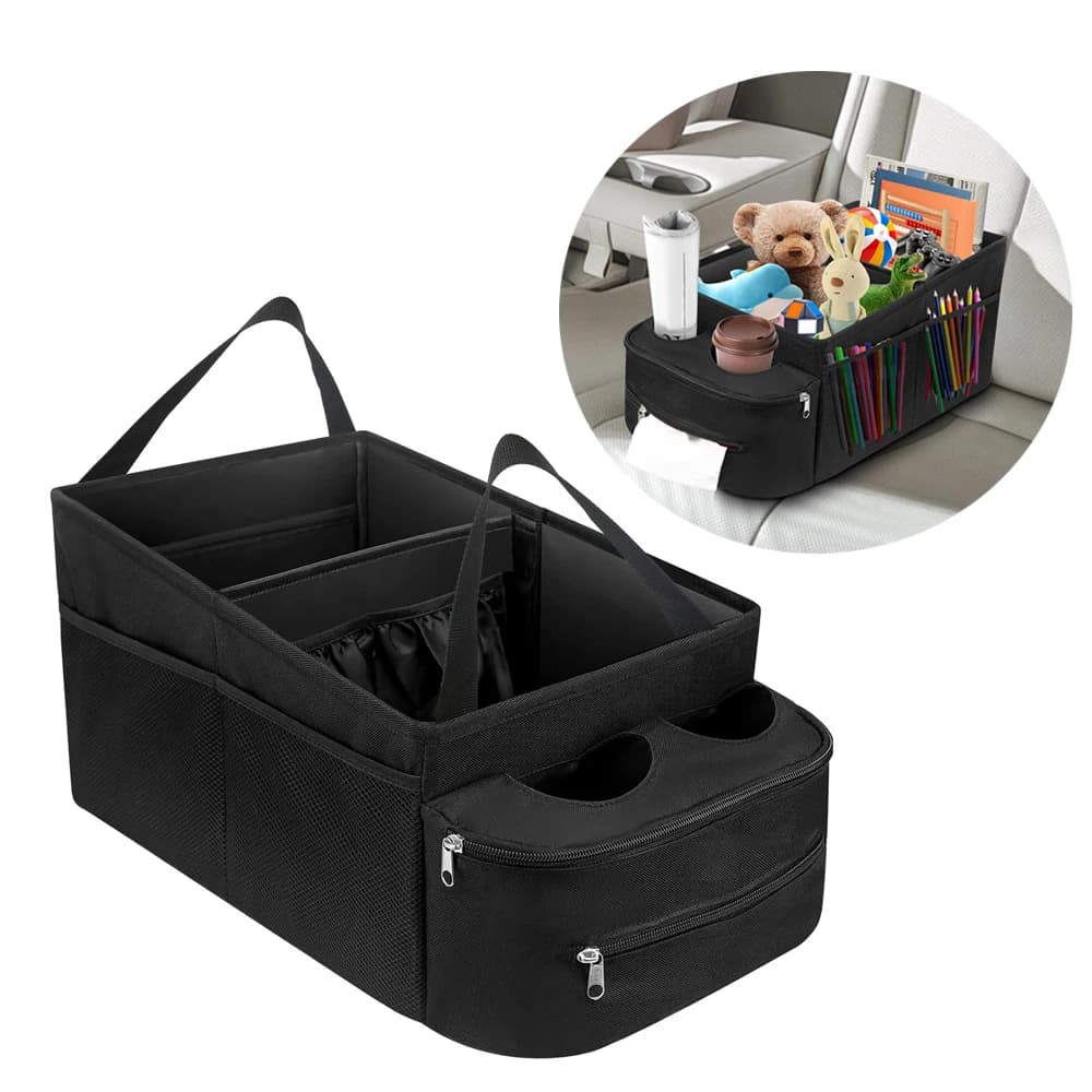 Organizzatore per seggiolino auto Borsa portaoggetti pieghevole per sedile posteriore con manico Organizzatore per sedile passeggero antiscivolo con 2 portabicchieri per furgoni auto