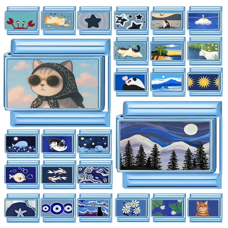 Y2K Cute Sunglasses Cats Snow-Capped Pine trees Blue Italian Charm Link Fit 9mm Stainless Steel Jewelry DIY Making Bracelet Gift