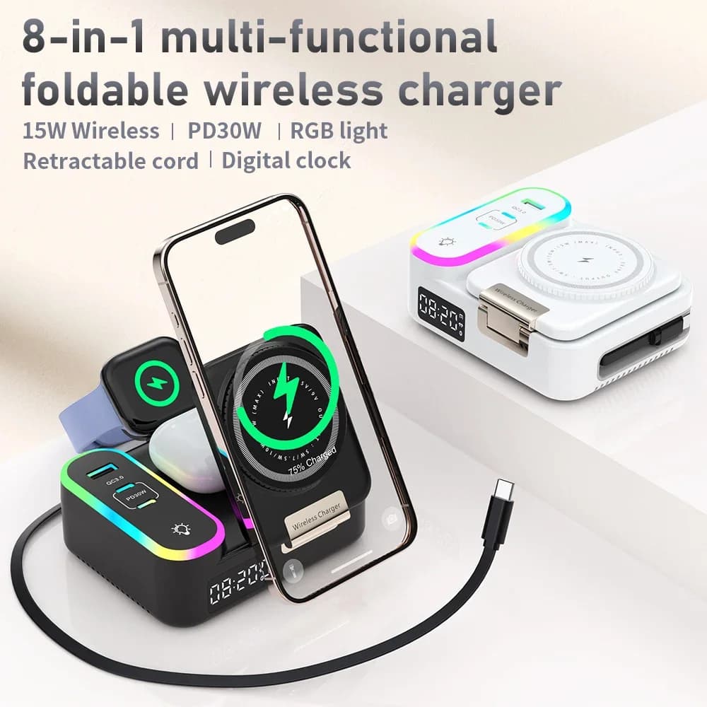 65W 8 in 1 Supporto di ricarica wireless magnetico 15W Luce ambientale PD 30w per IPhone16 15 Pro Max Watch Ultra2 S9 AirPods Pro