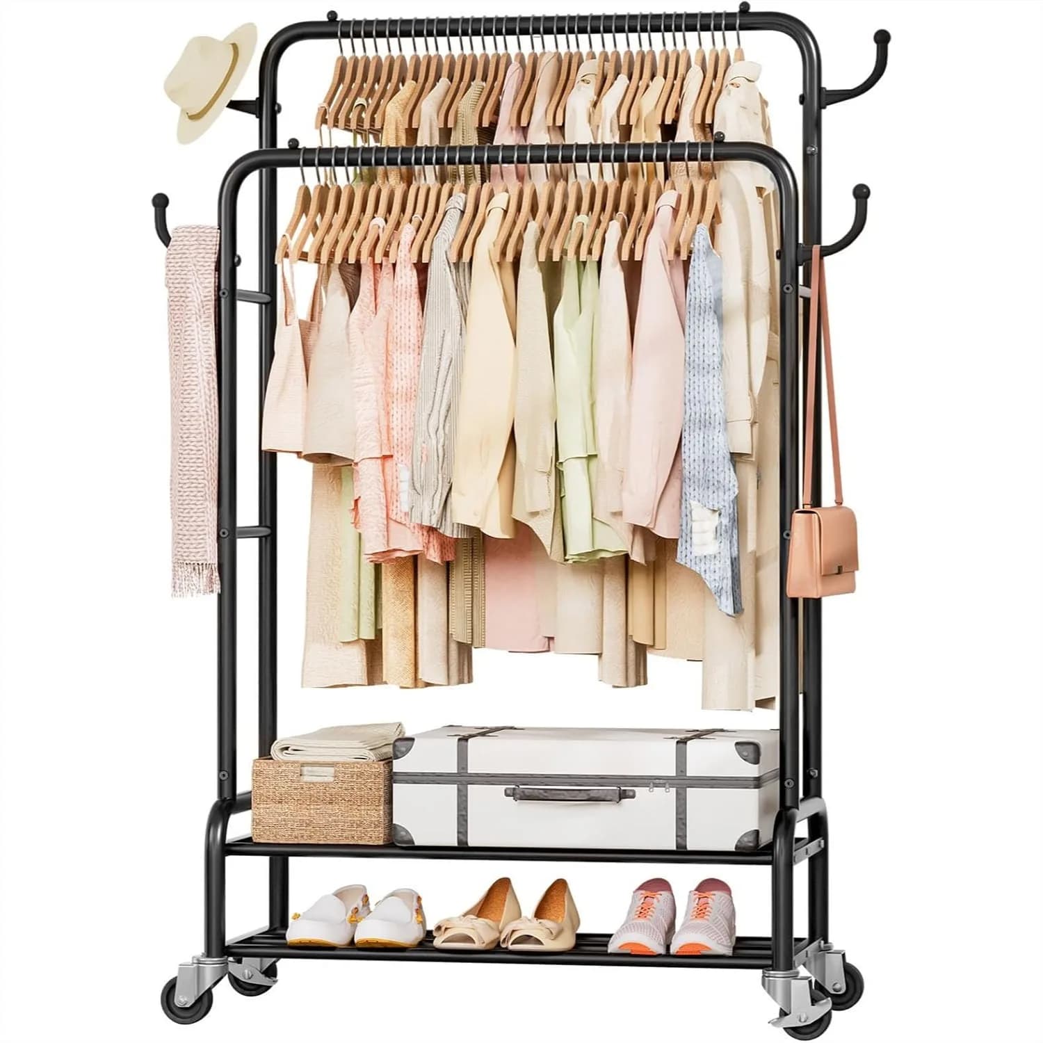 Heavy Duty Clothes Rack 265lb Rolling Double Rod Garment Hanger with Wheels for Bedroom Laundry