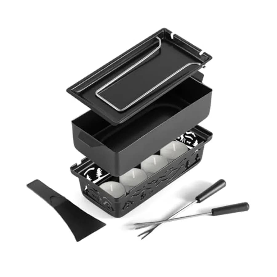 Set Fondue e Raclette Tandem - Pentola per Fondue Portatile 2-in-1 con Piastra per Raclette, Forchette, Spatola e Portacandele