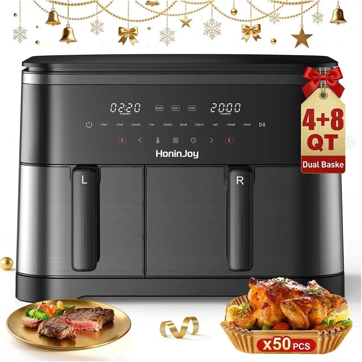 12QT Air Fryer with Dual Basket (4QT+8QT), Digital Touchscreen Double Zone 13-in-1, Includes 50pcs Paper Liners, Sync and Dual C
