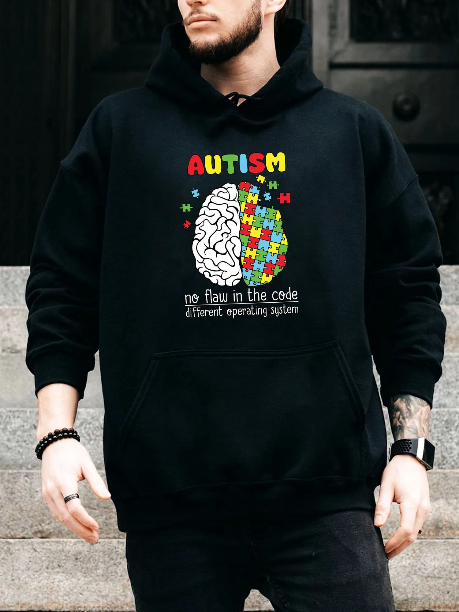 Autismo No Flaw in the Code Felpa con cappuccio da uomo con coulisse - Pullover nero casual e confortevole, felpa con cappuccio autunno e inverno