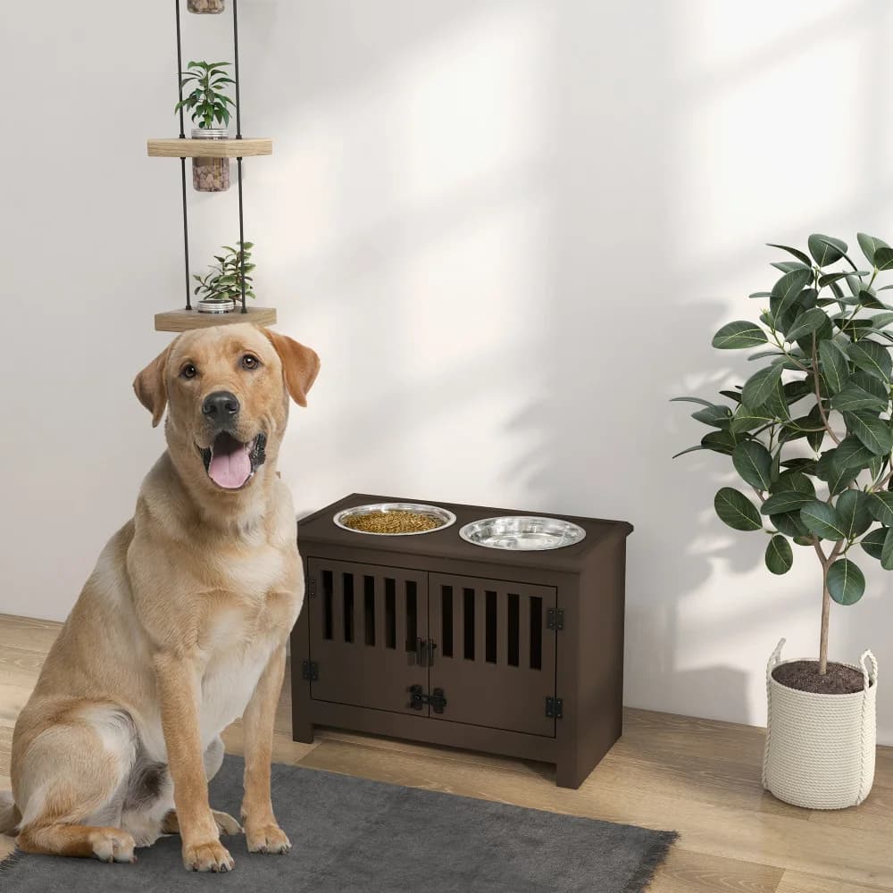 PawHut Large Elevated Dog Bowls with 37L Storage Cabinet, Raised Dog Bowl Stand, Pet Food Bowl, Dog Feeding Station, Espresso