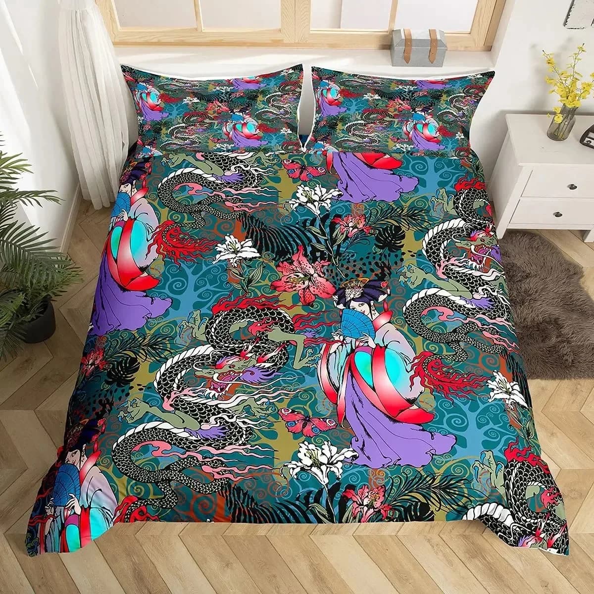 Set copripiumino drago giapponese Set biancheria da letto esotica Geisha Decorazione floreale vegetale Copripiumino Biancheria da letto di lusso a tema cultura asiatica