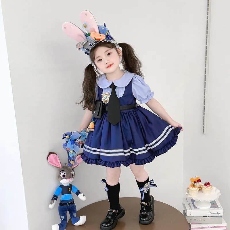 Costumi da Agente Judy, Abito Lolita a Maniche Corte, Vestito da Coniglio per Ragazze, Costume di Carnevale e Halloween, Regalo di Compleanno per Ragazze