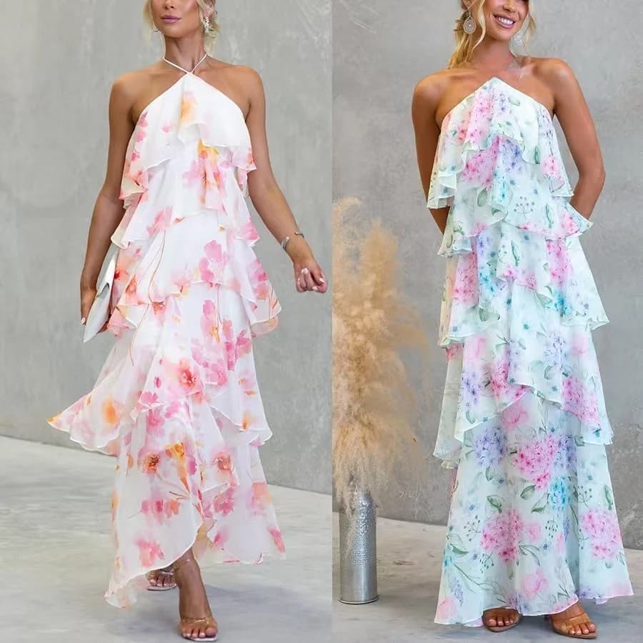 New Summer Floral Print Chiffon Long Dress Multi-Layered Holiday Backless Sweet High Waist A-Line Skirt Style Evening Gown