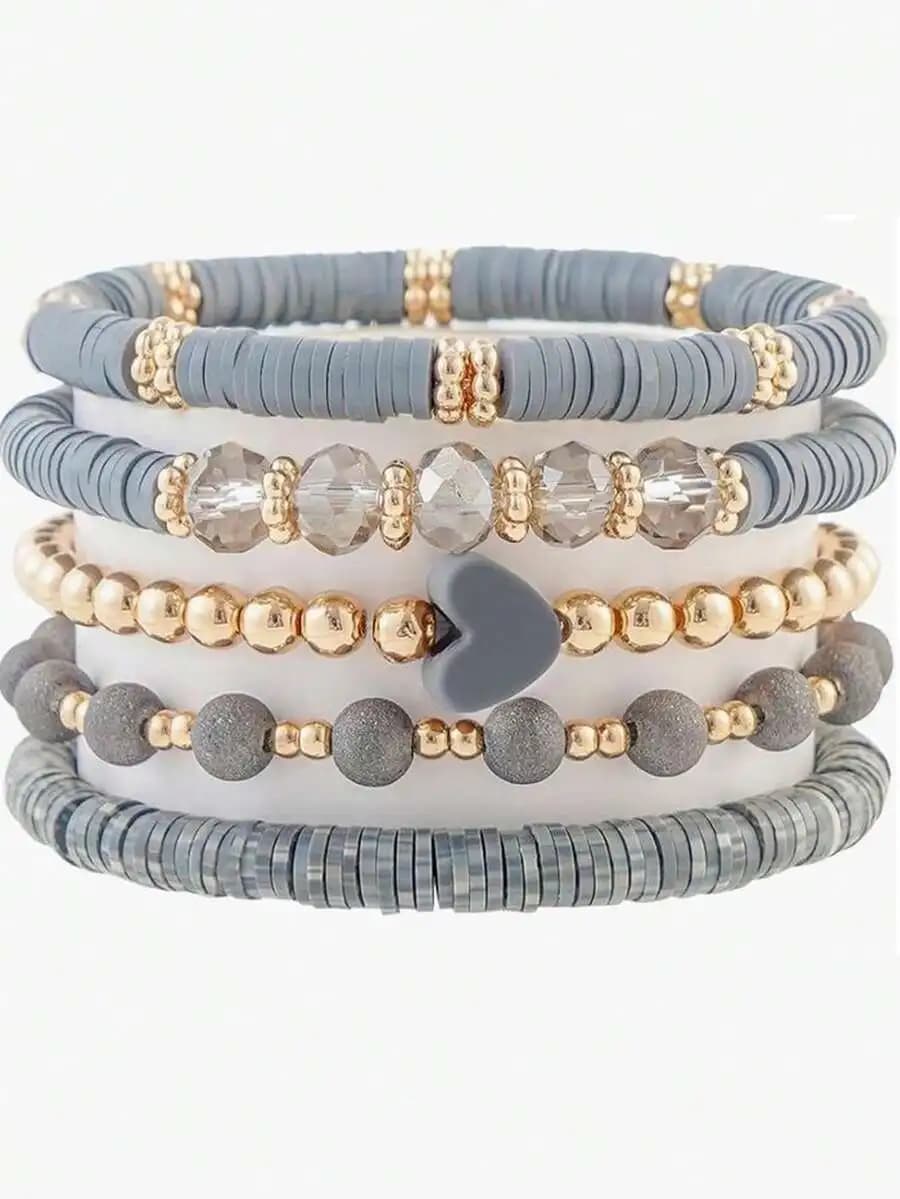 5pcs Fashionable Delicate Gray Soft Clay Heart Beads Decor Multi-Layer Elastic Bracelet Set, Suitable For Women Daily Wear, Date