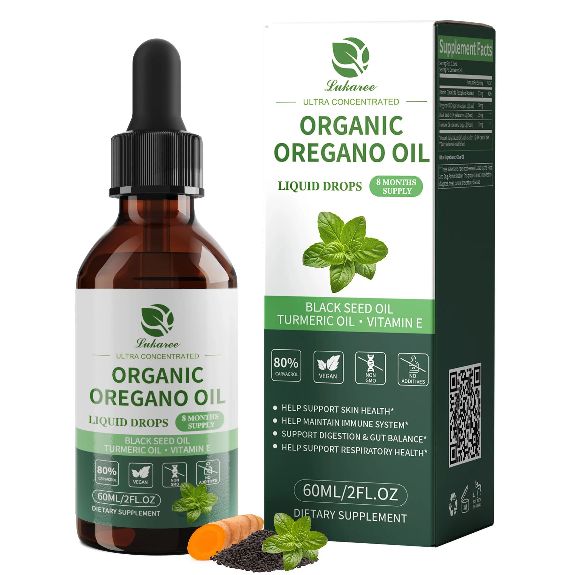 Lukaree 4 in 1 Oregano Oil Drop with Turmeric Oil &Vitamin E,80% Carvacrol,Immune,Respiratory,Digestive Vegan,Sugar-Free Non-GMO