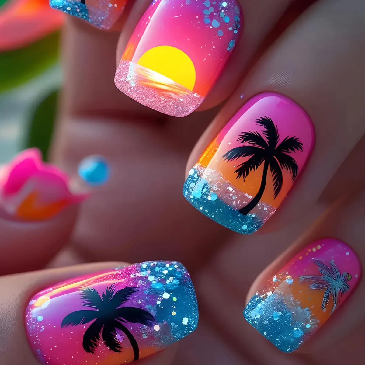 24 pcs/set Short Medium long nails faux purple blue sunset y2k square almond summer tips press on nails fake art