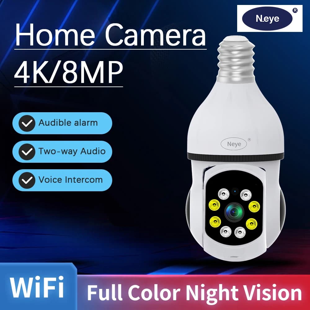 Neye 4K 8MP WiFi Lampadina Telecamera di sicurezza Home Indoor Baby Monitor Visione notturna a colori Telecamera panoramica con tracciamento automatico