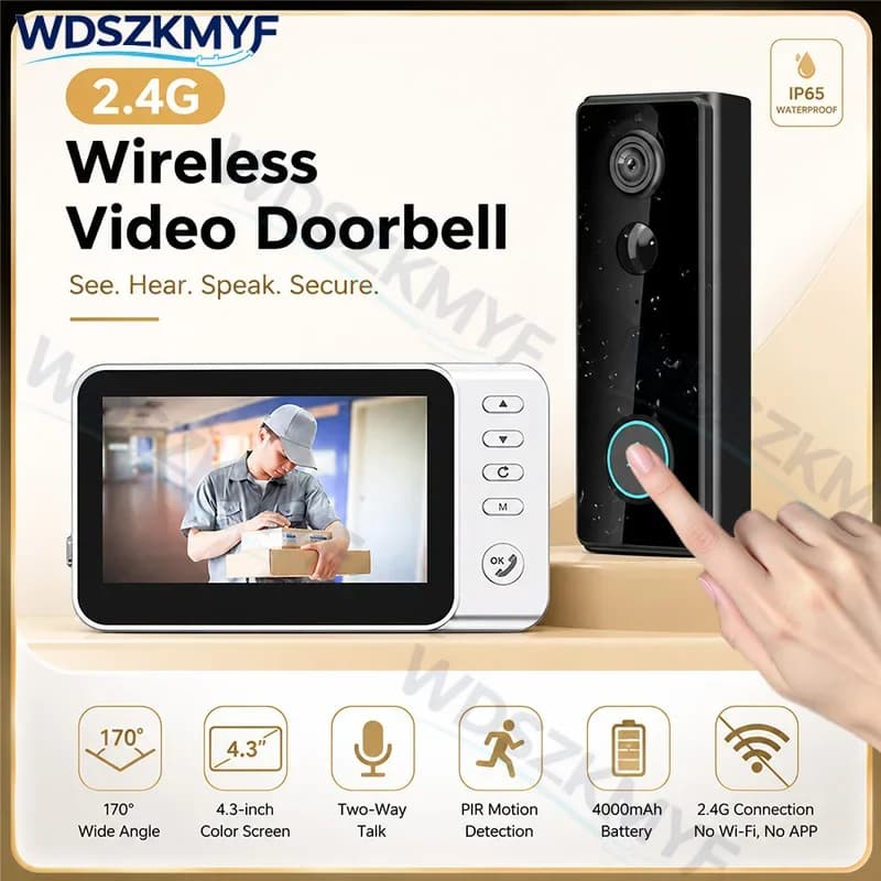 New Waterproof Doorbell Camera 4.3in IPS Screen Wireless Two-way Intercom Doorbell PIR motion sensor Smart Home Security Video