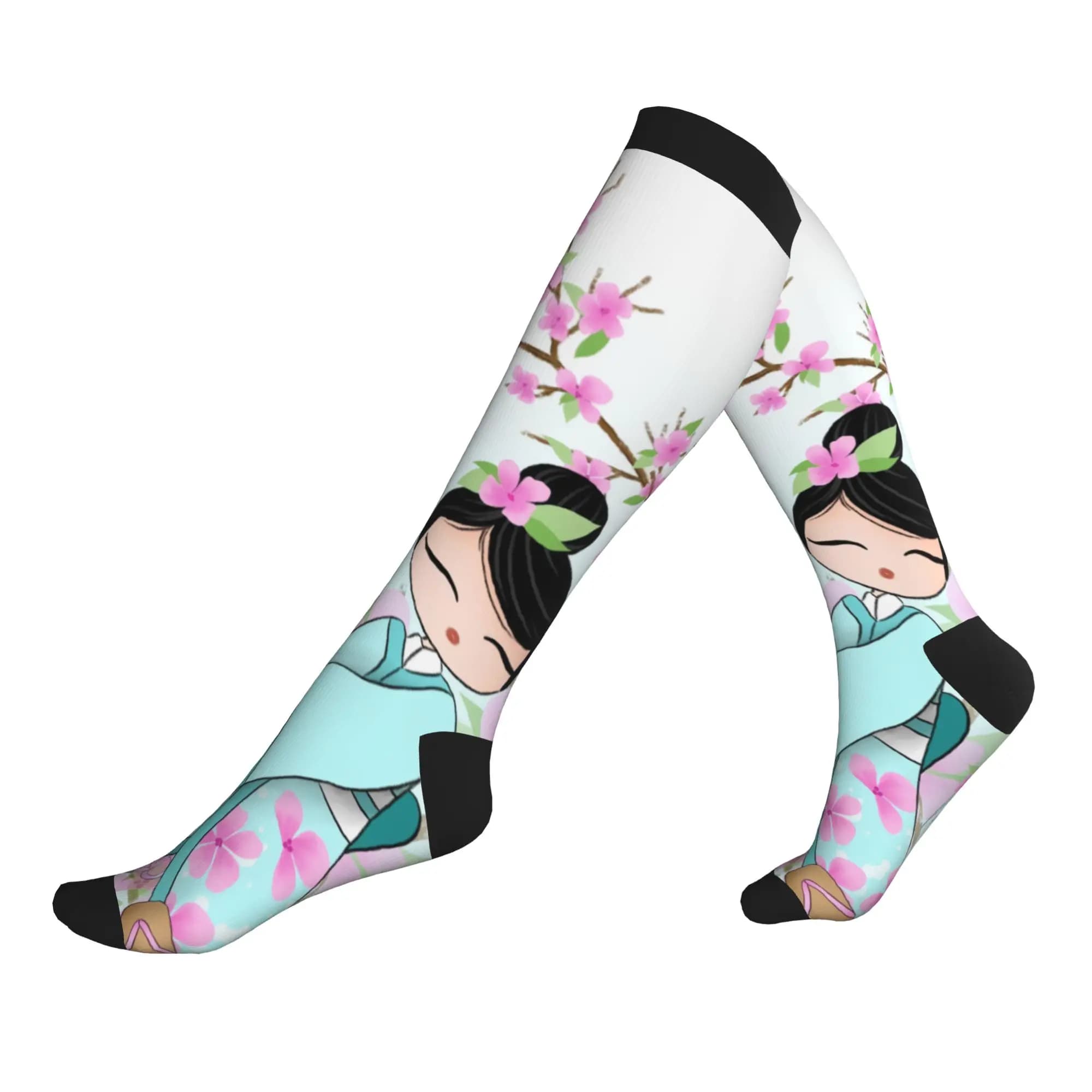 Funny Japanese Girl Sakura Kokeshi Doll Socks Men Women Warm 3D Printed Football Sports Sports Compression Socks