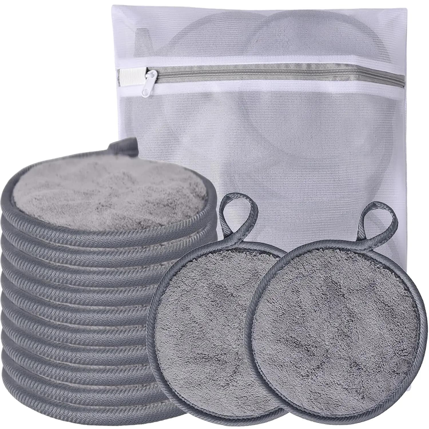 Large Reusable Makeup Remover Pads, 12 Pack Grey, Soft Microfiber Face Cloths with Laundry Bag