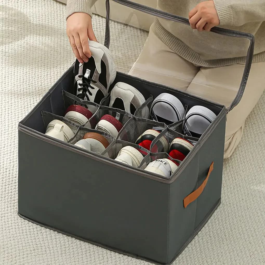 Organizzatore di scarpe in tessuto Contenitore per scarpe pieghevole con coperchio trasparente Scatola porta scarpe Divisori regolabili per scarpe da ginnastica Mocassini Sandali