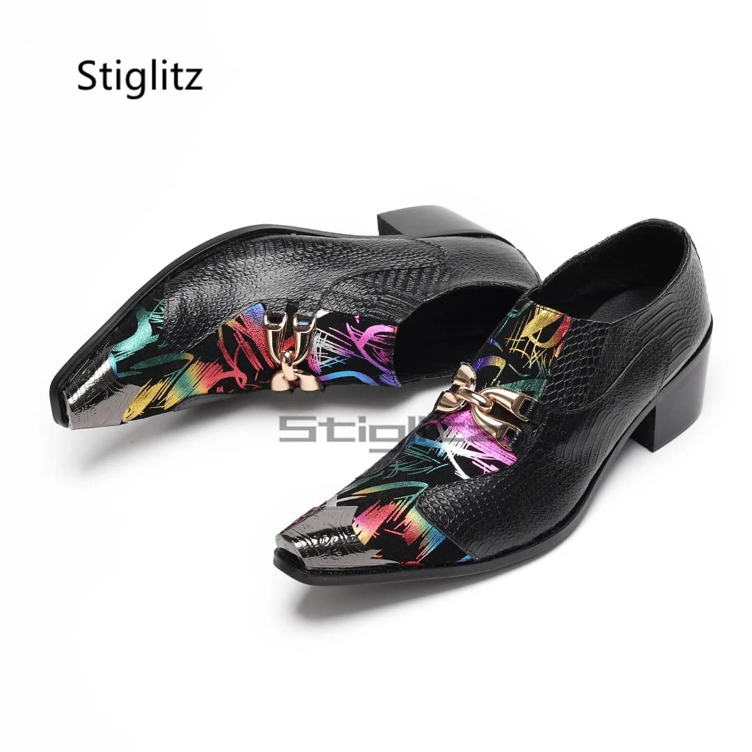 Scarpe eleganti in pelle con stampe da uomo Scarpe da festa aziendali con tacco alto in vera pelle di vacchetta nera con fibbia in metallo a punta patchwork
